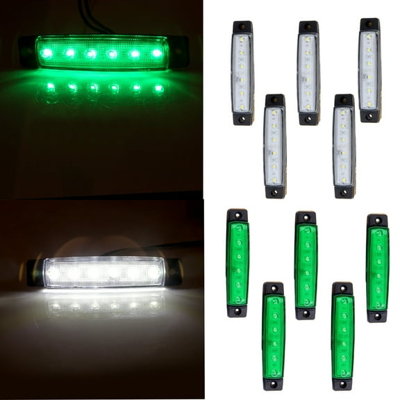 CCIYU Tail Light 5 White 5 Green 3/8" 6 LED Clearence Truck Bus Trailer Side Marker Indicators Light Brake Stop Lamp 12V