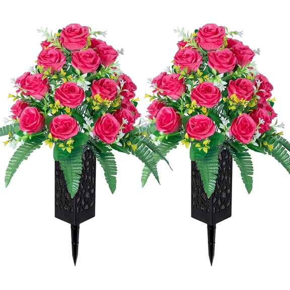Sets of Artificial Cemetery Flowers， Outdoor Grave Decorations Roses，Accompanied by Long Nail Vases。Lasting and Non-Bleed Colors (8 Heads (Bright Pink))