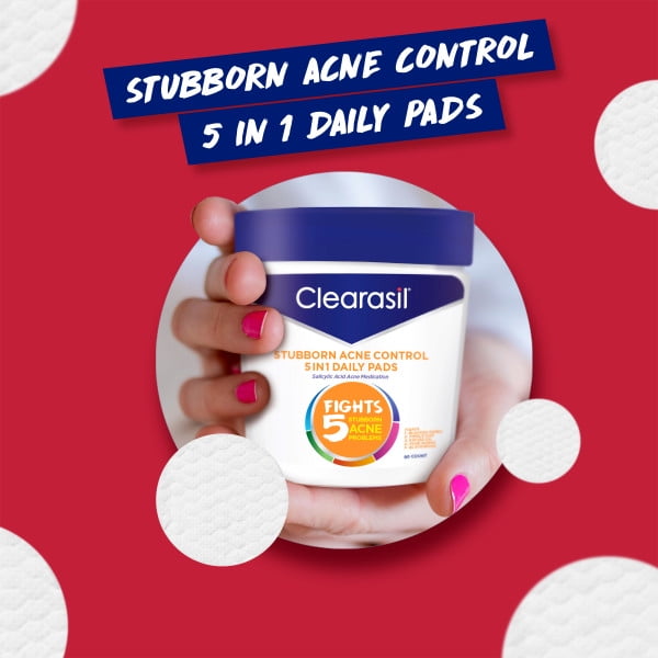Acne Treatment Facial Cleansing Pads- Clearasil Stubborn Acne Control 5-in-1 Daily Pads with Salicylic Acid Acne Medication, 90 Count (3 Pack)