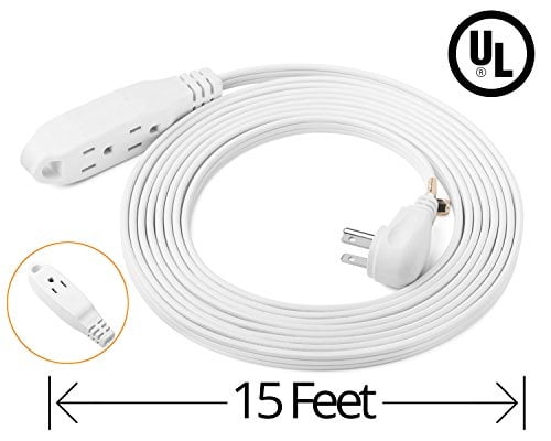 White UL Listed 15 Feet 3 Outlet Extension Cord 16AWG Indoor/Outdoor Use 