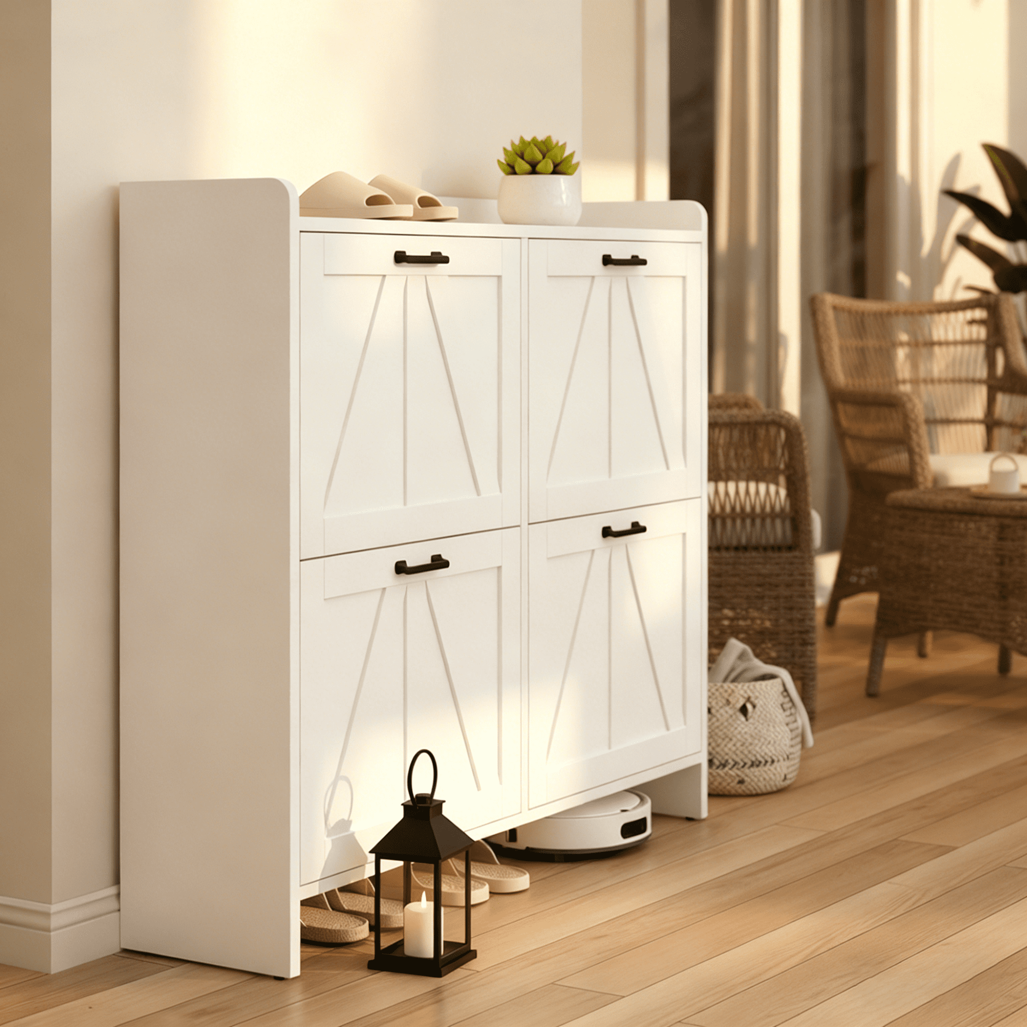 Leumius Modern Fence Shoe Cabinet with 4 Flip Drawers, Sleek Space-Saving Entryway Organizer for Living Room White