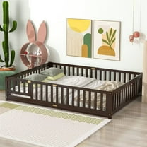 Queen Bed Frame for Kids Toddlers, Wooden Montessori Floor Bed with 7 Sturdy Slats, Fence-Shaped Guardrails and Door for Boys Girls Bedroom Playroom, No Box Spring Needed, Espresso