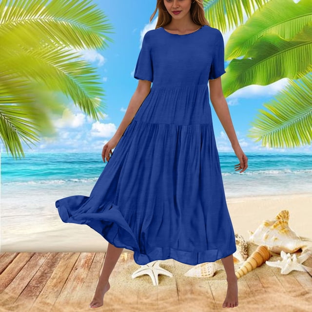 Gspmoly Robes pour Femmes, Robe à Fleurs Unie Décontractée à Manches Courtes et Col Ras du Cou pour Femmes, Robe Longue Fluide à Étages pour la Plage, Robes d'Été pour Femmes Offres des Fêtes