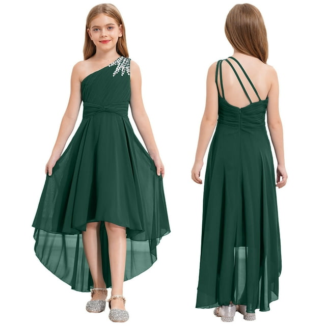 Hansber Robe de Fête en Chiffon Froncé Perlé pour Filles Junior Demoiselle d'Honneur une Épaule Haute Basse Vert Armée 8