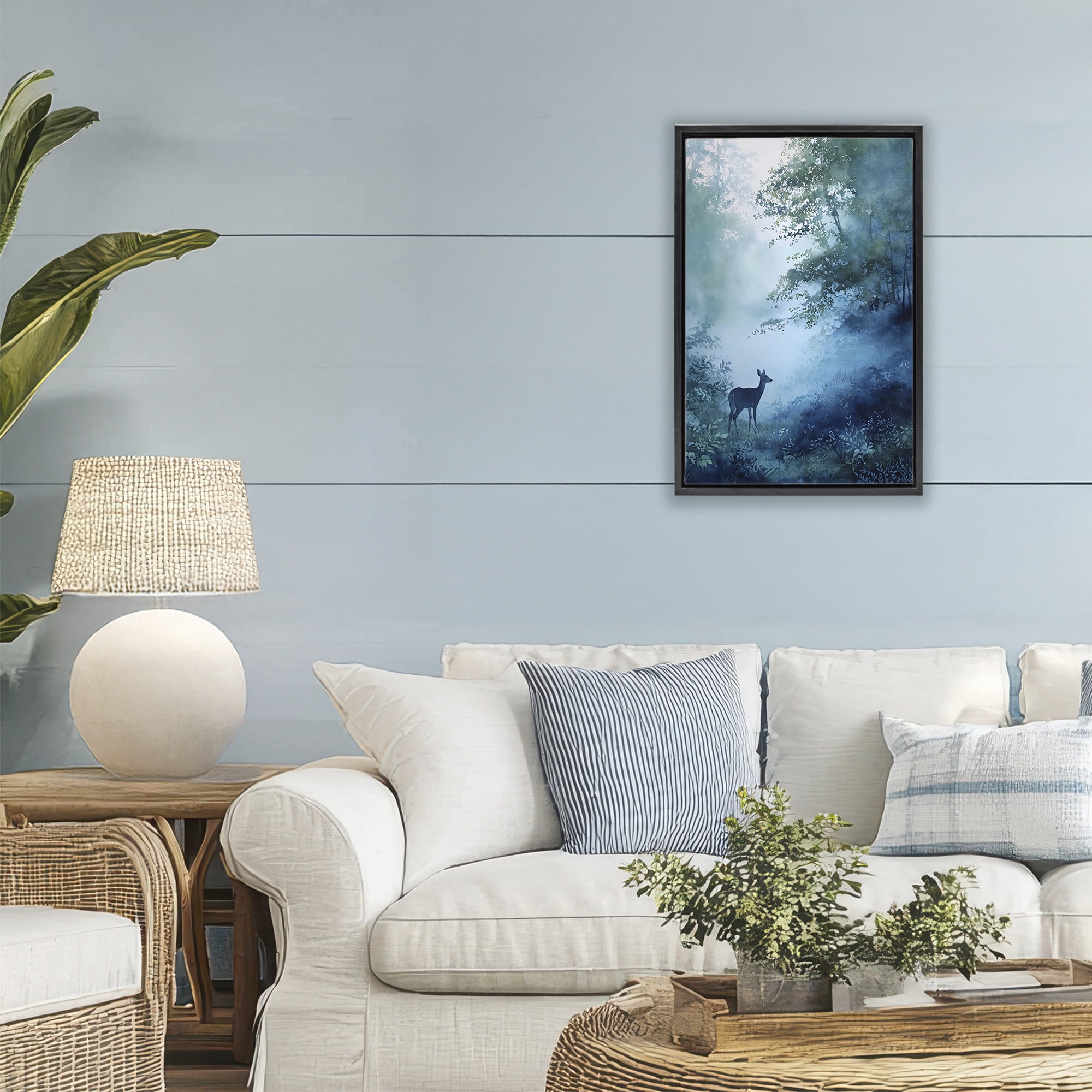 Stupell Industries Blue Dawn Deer in Mist Black Framed Floater Canvas Wall Art, design by Franklyn Gregory