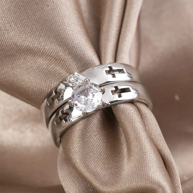 Bluebell Jewels Cross Design Bridal Ring Set Silver Plated Cubic Zirconia Engagement & Wedding Bands for Women Faith-Inspired Jewelry Gift