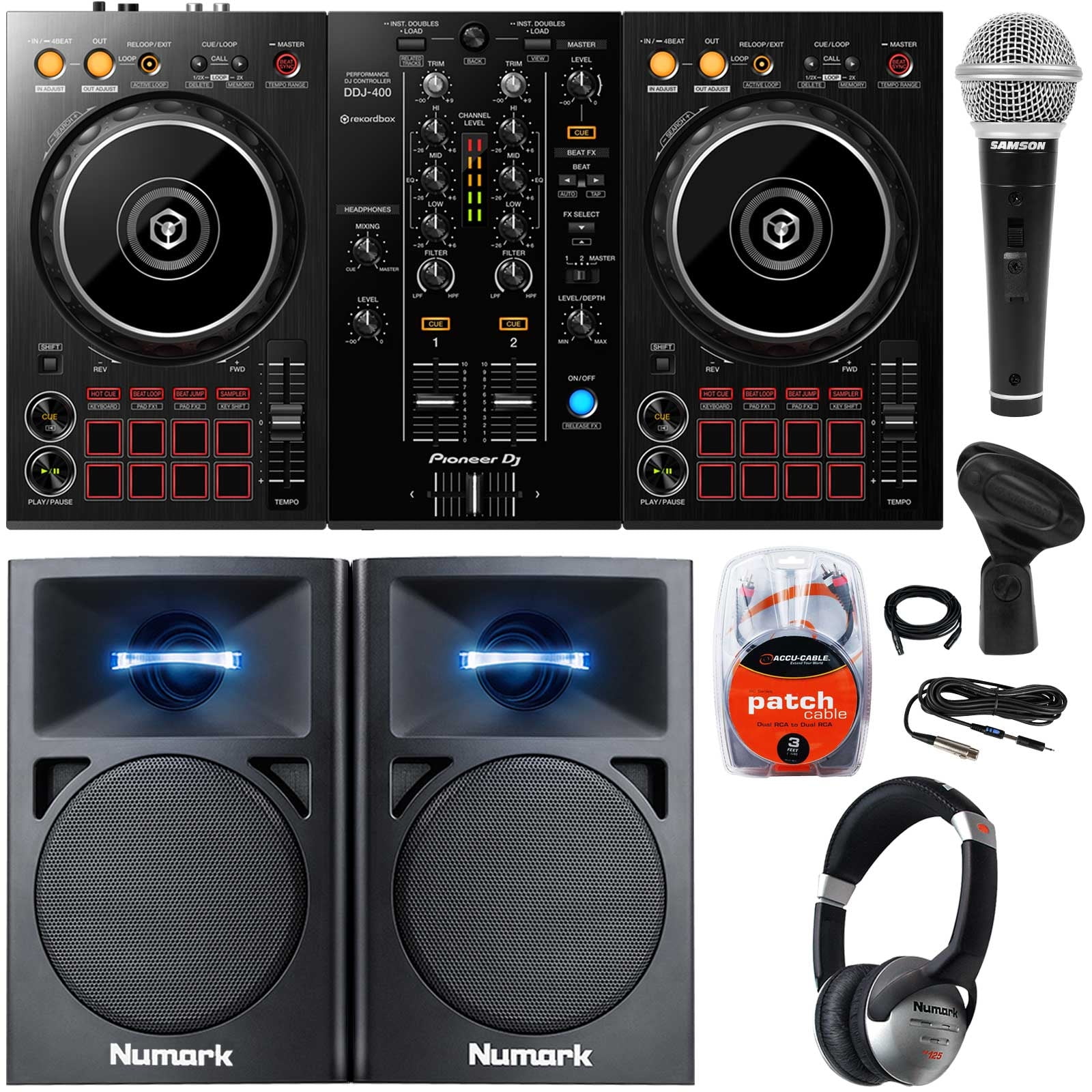 Pioneer DJ DDJ-400 2-channel Rekordbox DJ Controller with Numark N-Wave 360  Powered Monitors & Microphone Package 