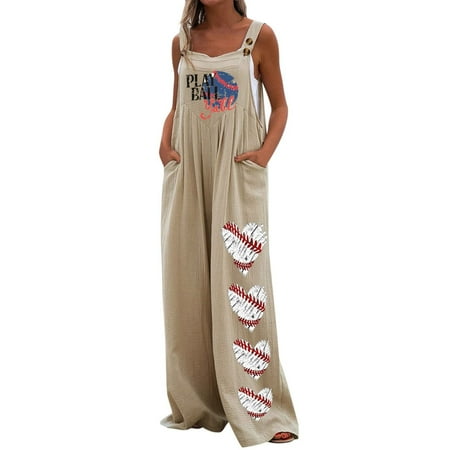 

Dyegold Jumpsuits for Women Casual Womens Jumpsuits Dressy Baseball Printed Baggy Loose Casual Stretch Adjustable Bib Sleeveless Square Neck Rompers