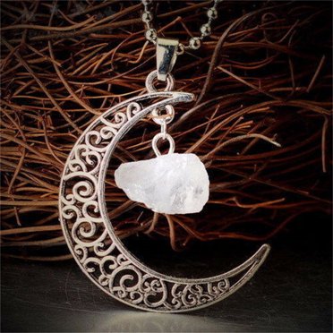 RKSTN Colliers pour Femmes Pendentif Cristal de Quartz Naturel Chakra Guérison Pierre Précieuse Collier Lune Bijou Nom Bijou Personnalisé pour Femmes
