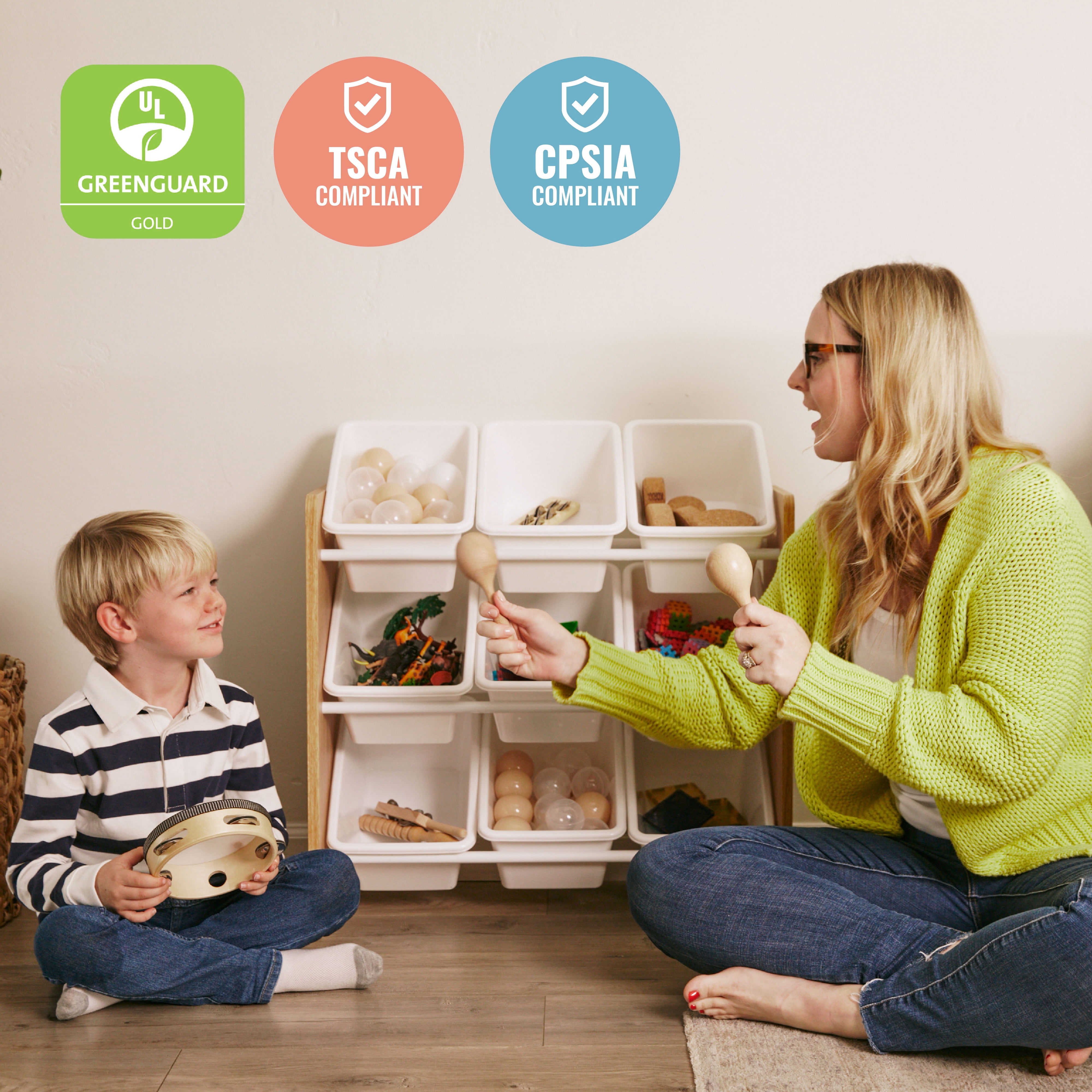ECR4Kids 3-Tier Organizer with 9 Removable Plastic Bins, 3x3, Toy Storage, Dark Natural/White