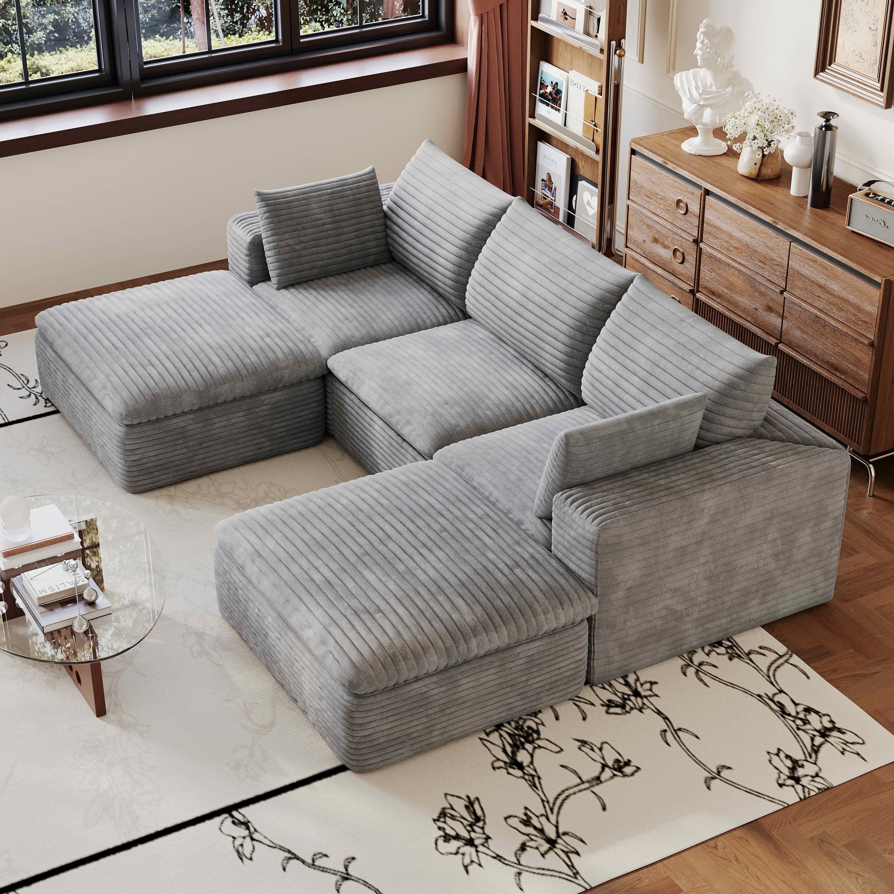 MAYEERTY 102.4 Inch Cloud Modular Sofa, Corduroy Deep Seat Couch with Double‑Layer Removable Cushions, No‑Assembly DIY Combination Sponge Sofa for Living Room Bedroom Conference Room Apartment