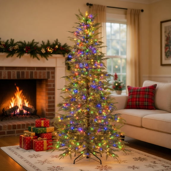 Resenkos 7.5-Ft Artificial Christmas Tree with Colorful LED Lights - Green