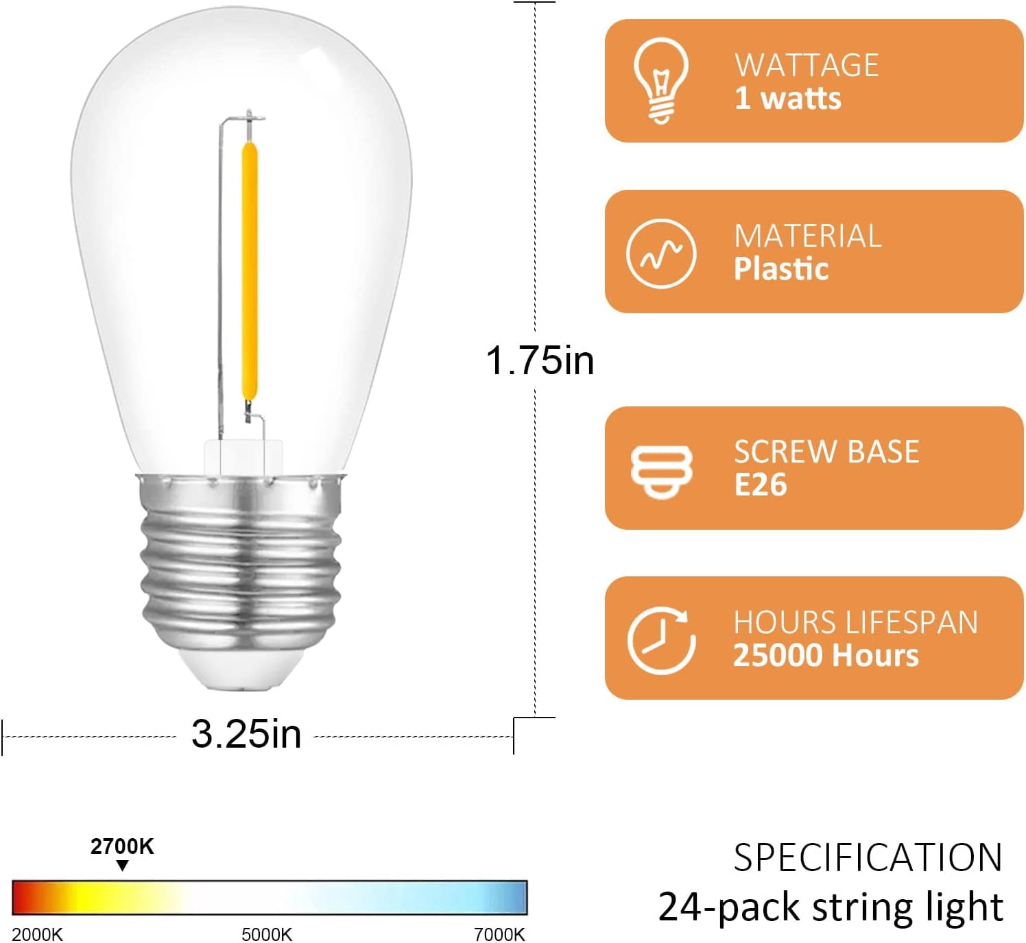 24-Pack String Light Bulbs, S14 Outdoor Waterproof Replacement Bulb, E26 Base Bulbs, 1W 120V, 2700K
