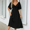 thumbnail image 6 of Otvok Women Solid Color V-Neck Short Sleeve Bow Fold Retract Your Waist Medium Length Dress, 6 of 6