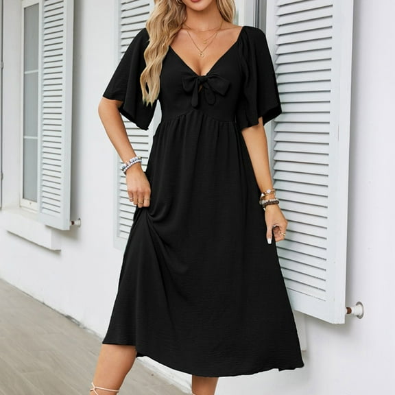 Cagogo Women Summer Spring Short Sleeve Curvy Dresses Under $10 Plus Size Flowy Swing Empire Waist Maxi Long Dress Sexy V Neck Bowknot Elegant Black Church Dress
