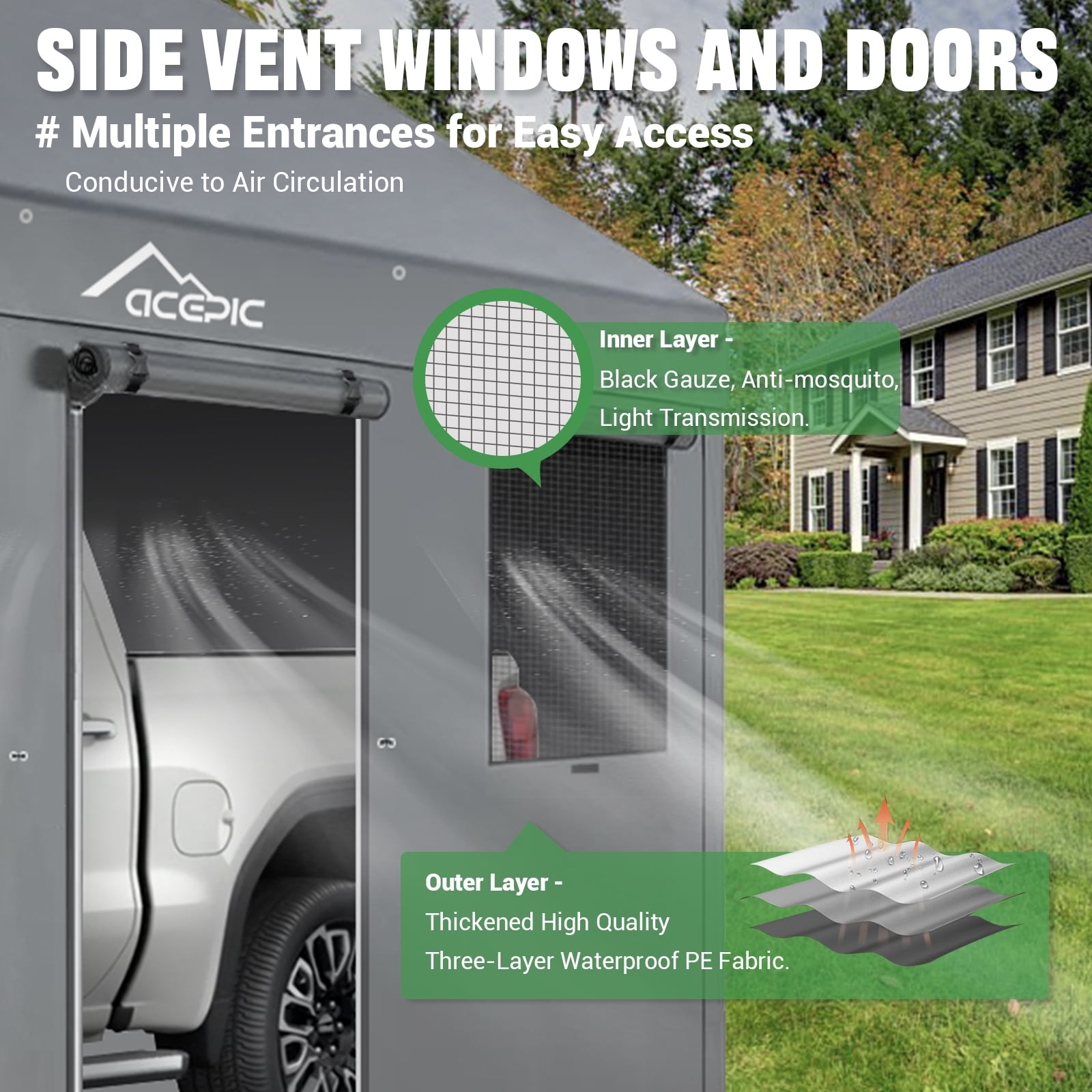 Acepic Carport 10x20ft Heavy Duty Carport Features Roll-up Windows & Doors, Portable Garage with UV Resistant Waterproof All-Season Tarp for Car, Truck, Boat