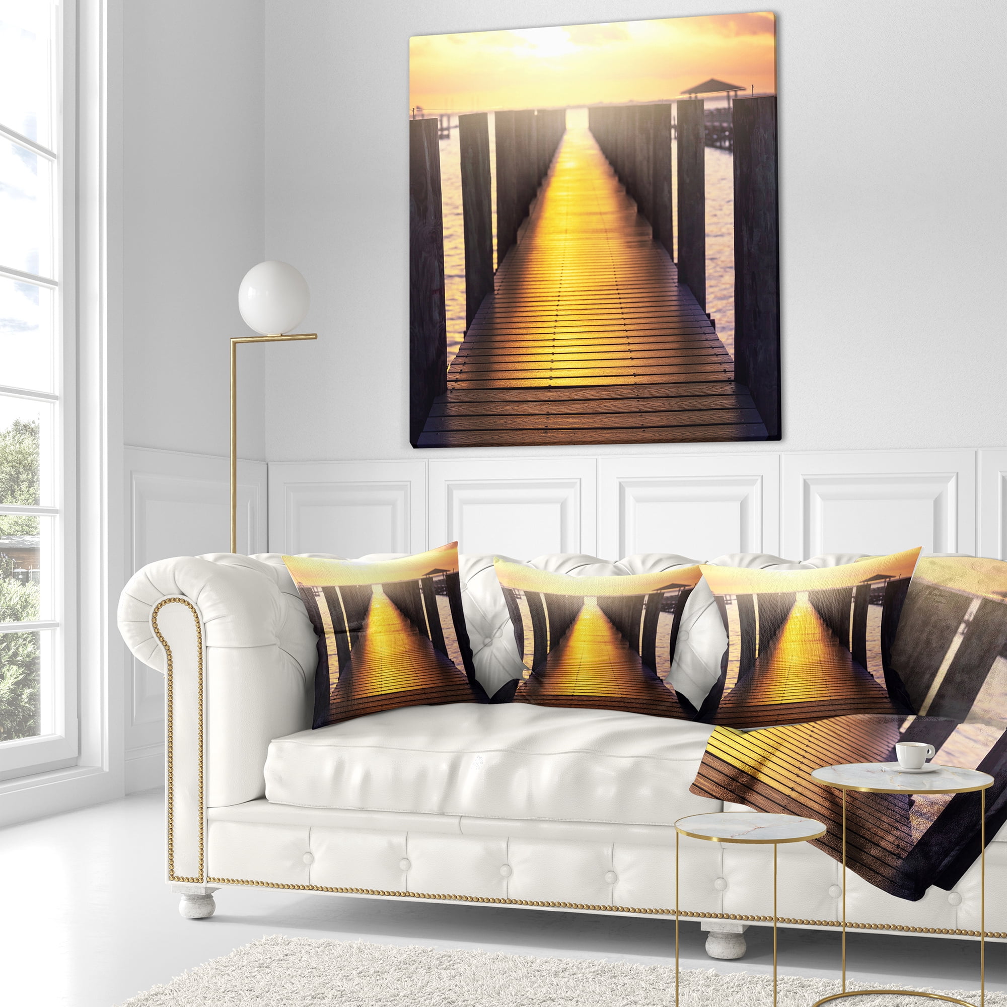 Designart Sea Bridge with Sunset Reflection - Seashore Throw Pillow - 16x16