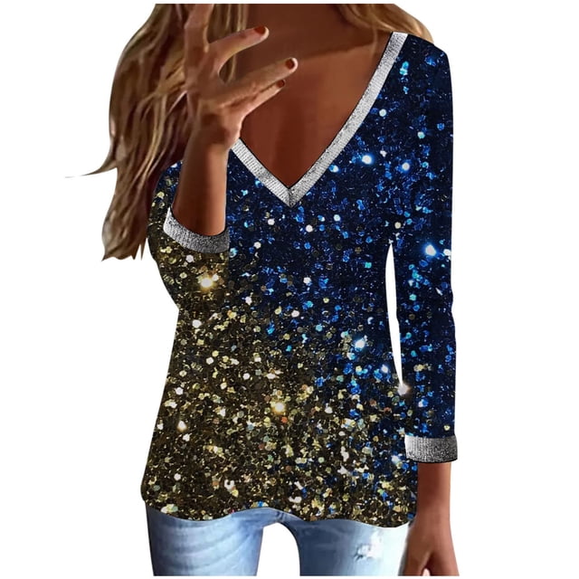 Pompotops T-shirt Décontracté pour Femmes Imprimé Manches Longues Col en V Froncé Blouse Pull Tops Liquidation