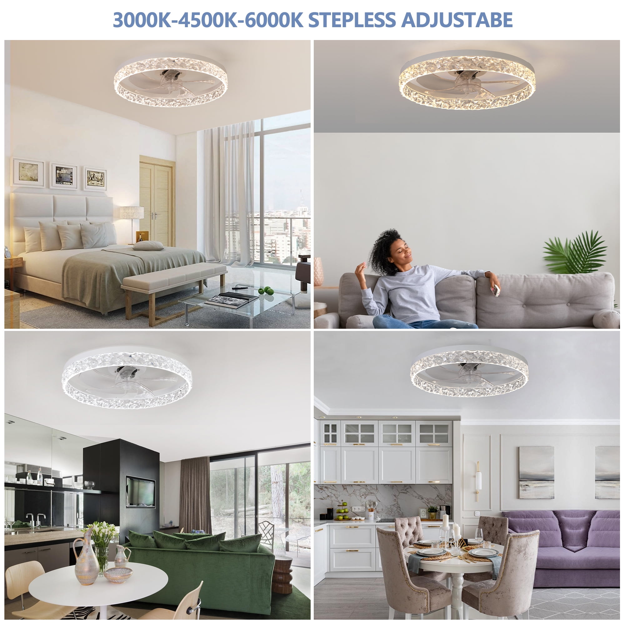 Ceiling Fan Light with Remote Control, Dimmable LED Chandelier, 6-Speed Adjustable, Quiet Motor, Flush Mount Design for Living Room, Bedroom, Dining Room