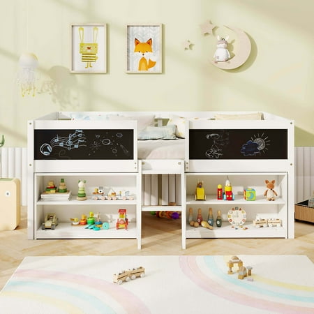 Costway Twin Size Low Loft Bed with Ramp Ladder & Bookcases Full-length Safety Guardrail - White