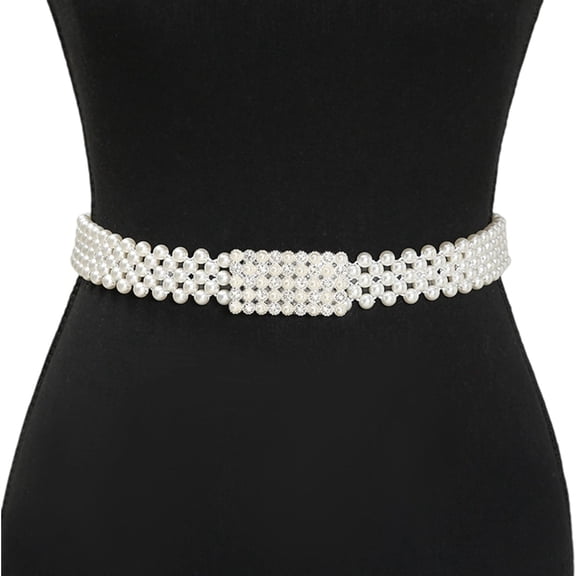 Misright Stretchable Waist Chain with Pearls Rhinestones Elastic Corset Belt for Women