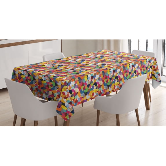 Retro Tablecloth, Lively Scene of Triangles Diamond Shapes and Other Polygons in Grunge Style, Rectangle Satin Table Cover Accent for Dining Room and Kitchen, 52" X 70", Multicolor, by Ambesonne