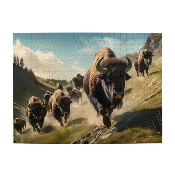 500-Piece Wooden Jigsaw Puzzle for Adults - Bison Herd Running Hillside , Interlocking Pieces with Guide Letters, Holiday Gift & Home Decor