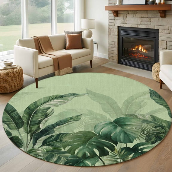 Round Area Rug 7 Ft, Palm Leaves Tropical Washable Non-Slip Circle Carpet for Living Room/Bedroom, Green Botanical Summer Green Ombre Low-Profile Large Runner Mat Collection Rugs for Indoor