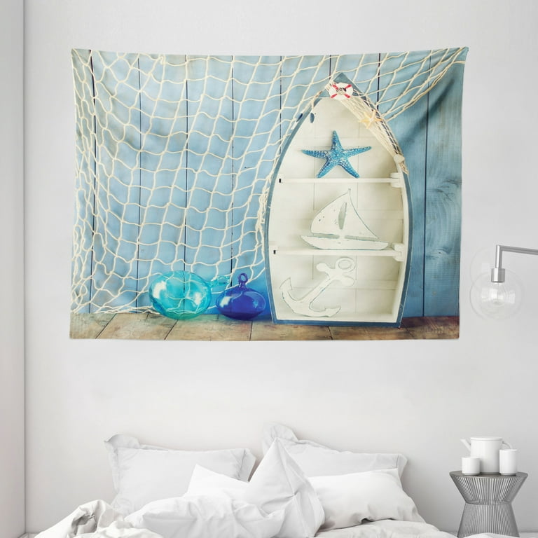 Nautical Decor Tapestry, Sea Objects on Wooden with Vintage Boat