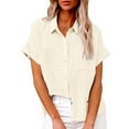 thumbnail image 2 of Beige Young Adult Tops Women's Spring Autumn Casual Double Pocket Short Sleeve Cotton Shirt Top Plus Size Tops for Women, 2 of 6