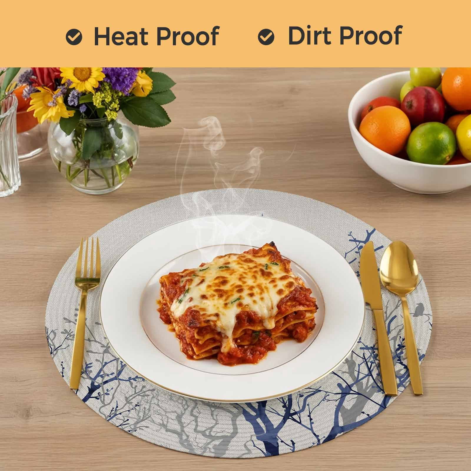 Blue Tree Round Placemats Set of 8 Retro Farmhouse Botanical Branches Bird Place Mats Indoor Woven Table Mats Washable Heat-Resistance Braided Dining Table Placemats for Kitchen Party Decor 13 Inch