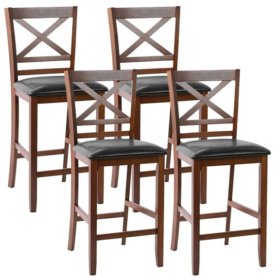 Costway Counter Height Bar Stools X-Back Solid Wood with PU Leather Seat, Walnut/Black (Set of 4)