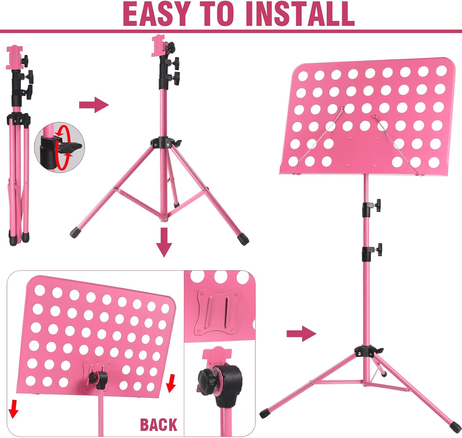 JaxAura Sheet music stands,Pink Music Stand, Portable Music Sheet Stand, Foldable and Height-Adjustable Music Stand with Bag, Suitable for Playing Musical Instruments and Traveling Out