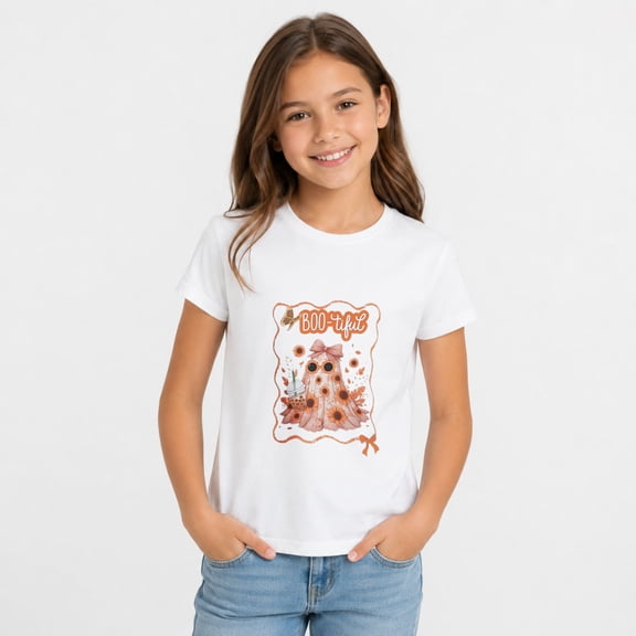 Cute Halloween Shirts for Girl, BOO-tiful Floral Ghost Graphic Short Sleeve T-Shirt