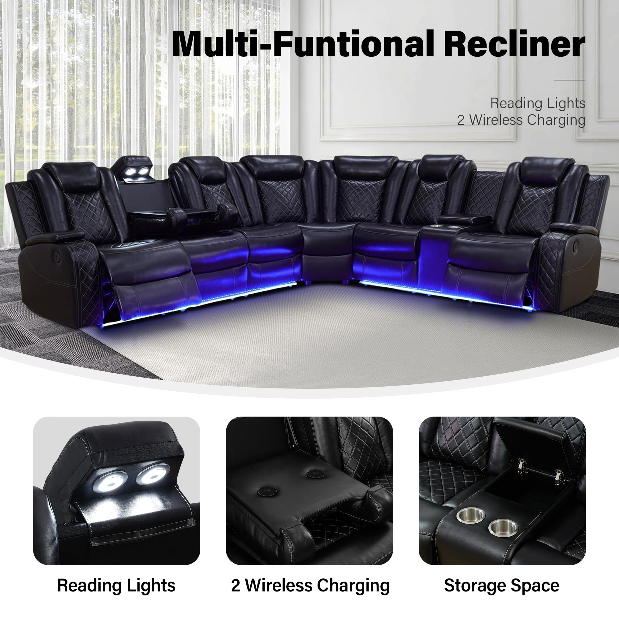 Aukfa 3-Seater Power Recliner Sofa Set W/ Wireless Charging, Reading Light & Storage, Modern Home Theater Seating for Living Room, Black