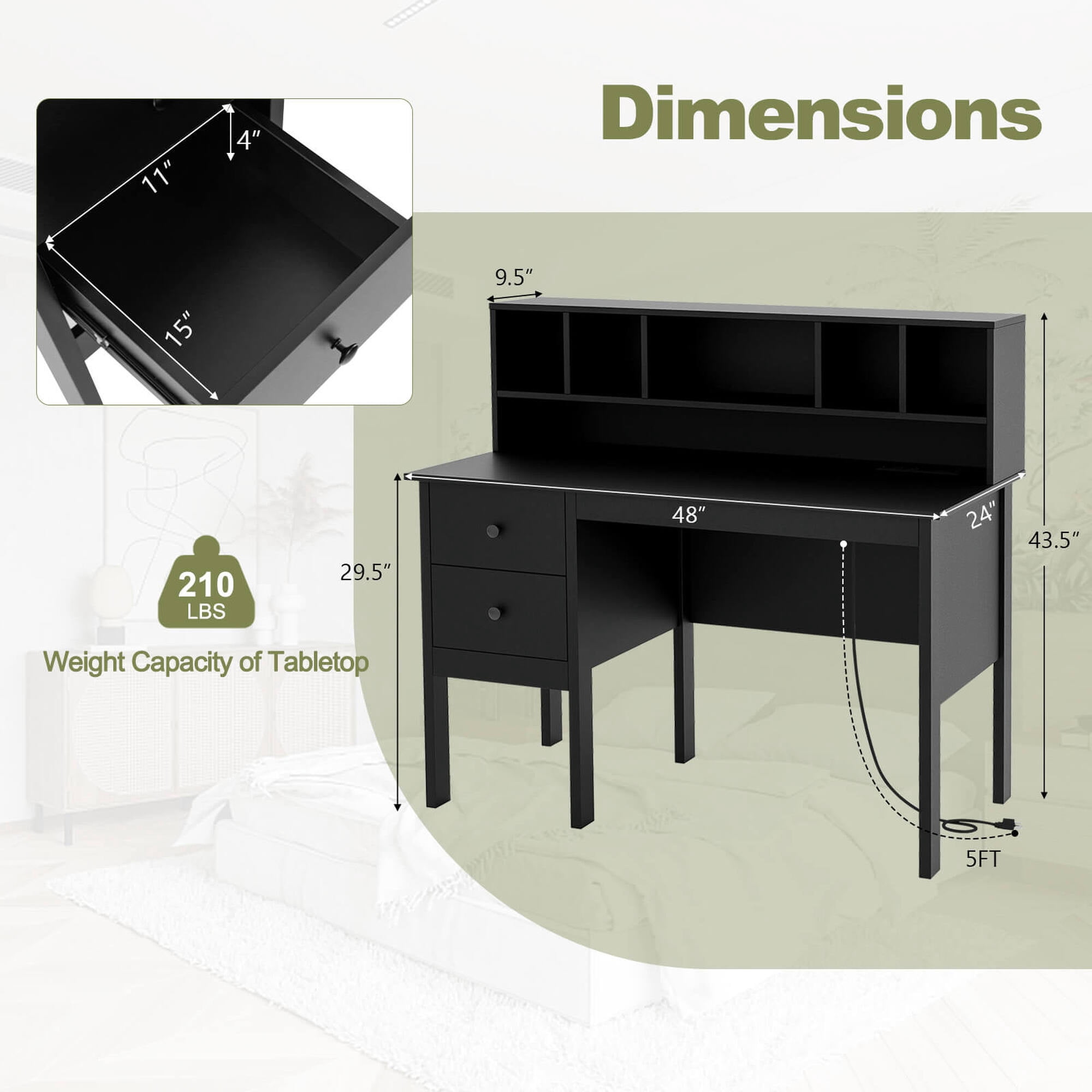 Costway 48" Computer Desk with Power Outlets Type-C 5-Cubby Hutch & 2 Storage Drawers Black