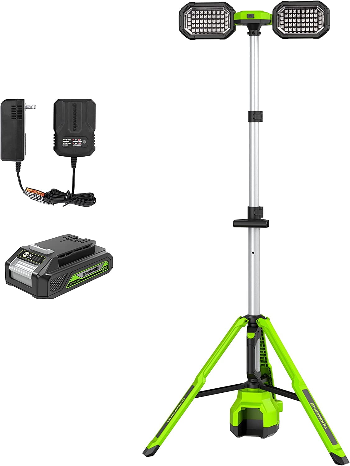 Greenworks 24V Standing Light Kit, LED Tripod Light with 2Ah Battery
