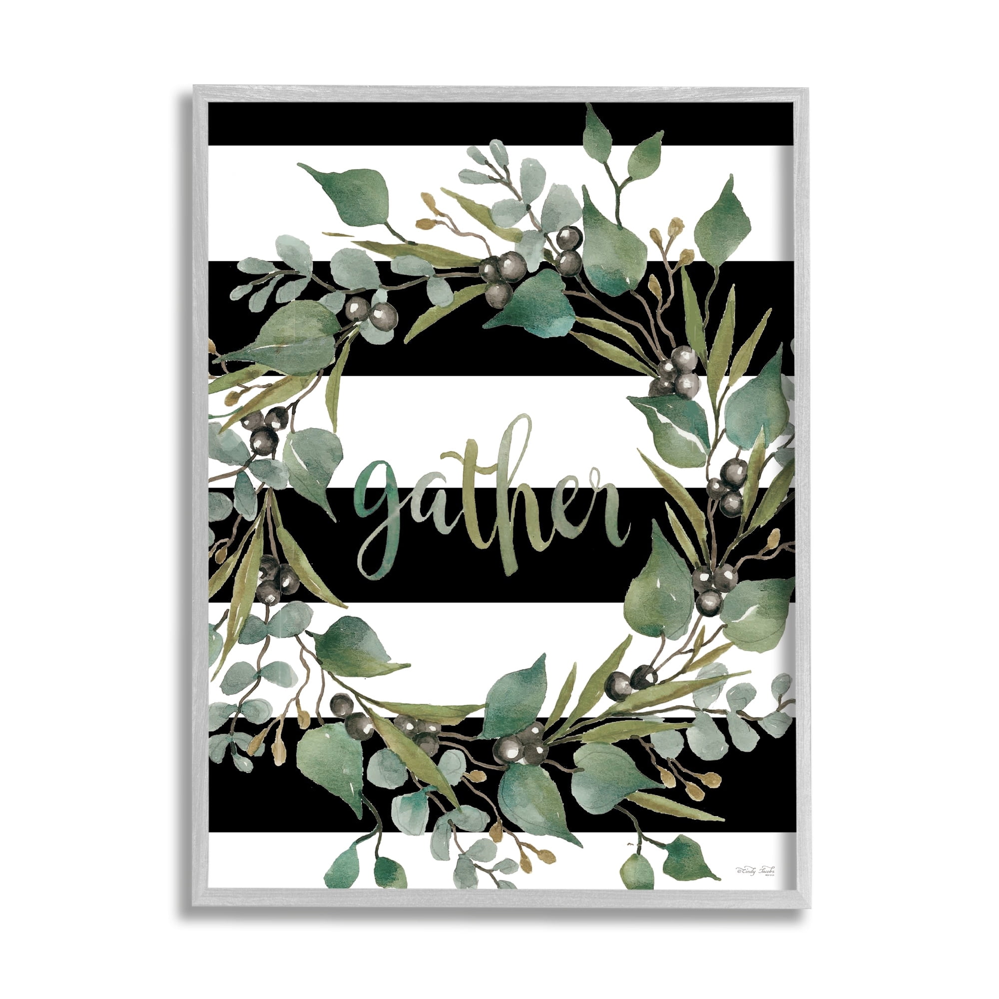 Stupell Industries Gather Calligraphy Stripes Pattern Wreath Botanicals Leaves Graphic Art Gray Framed Art Print Wall Art, Design by Cindy Jacobs