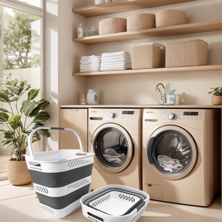 40L (10.5 Gallon) Collapsible Plastic Laundry Basket with Handles - Foldable Pop Up Storage Container/Organizer - Portable Laundry Hamper - Space Saving (2, White/Steel Grey)