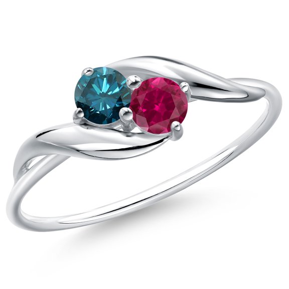 Gem Stone King 10K White Gold Round Blue Diamond and Red Created Ruby Ring for Women (0.40 Cttw, Round 3.5MM, Gemstone April Birthstone, Size 5)