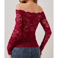 thumbnail image 6 of Women Lace Trim Off Shouder Top Long Sleeve Double Lined Y2k Trendy T Shirts Wine Red XXL, 6 of 7