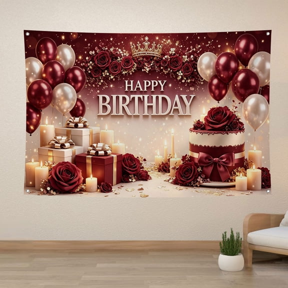 Burgundy White Birthday Backdrop Red Rose Floral Gold Crown Happy Birthday Background for Women Girls Red White Balloons Birthday Party Decorations Banner Supplies Photo Booth Props