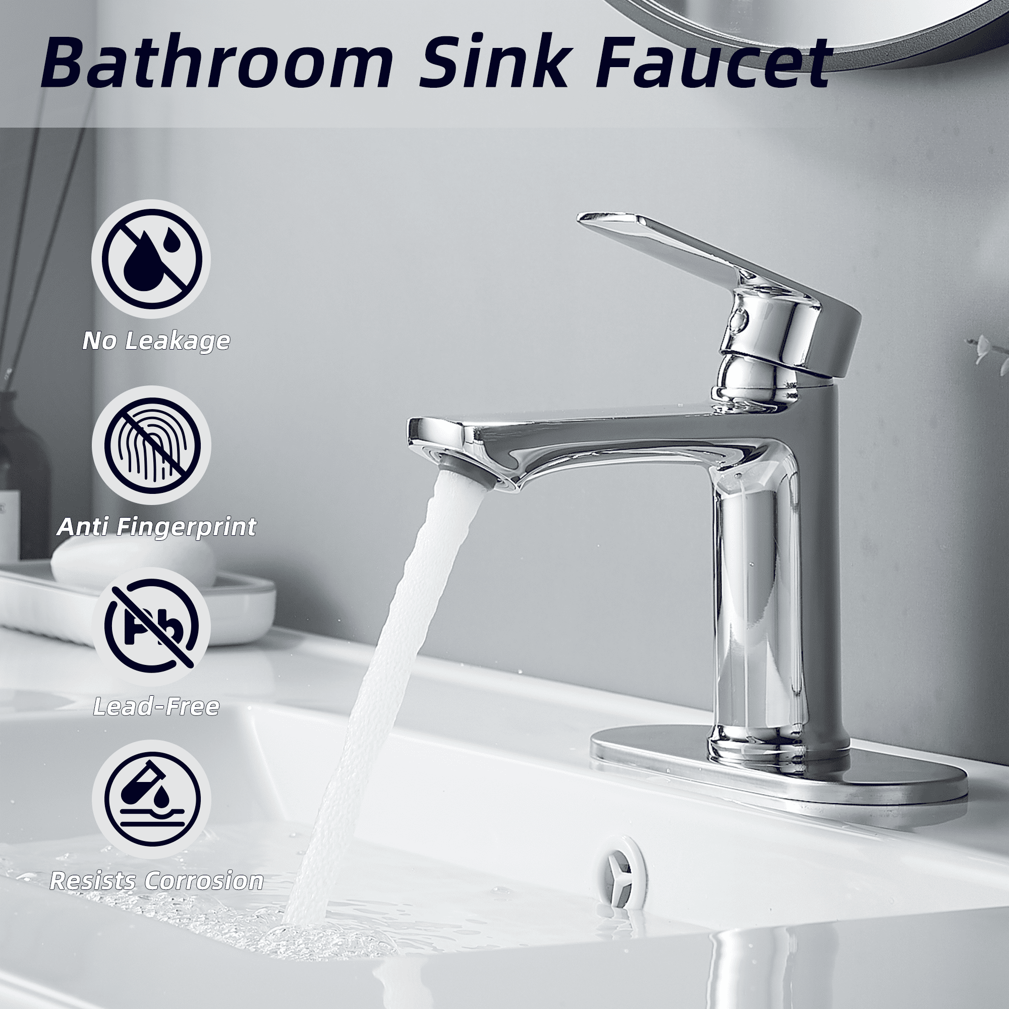 BELZ Bathroom Faucet Modern Waterfall Bathroom Sink Faucet with Single Handle with Pop Up Drain and Deck Plate Suitable for 1 or 3 Holes, Chorme
