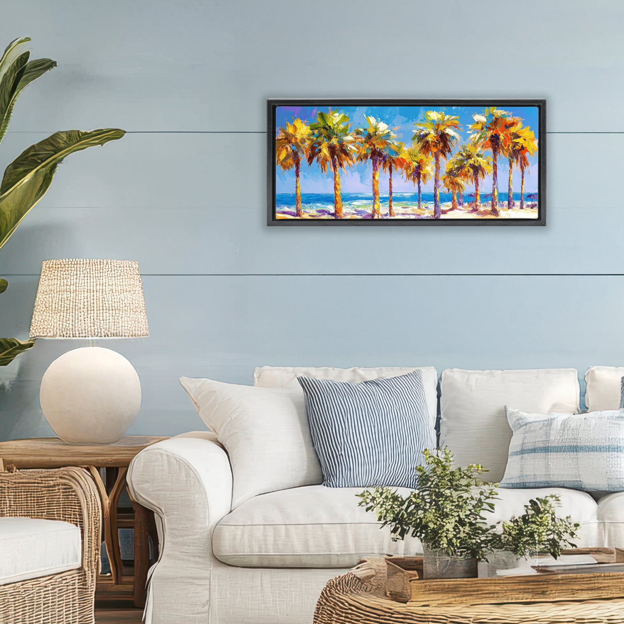 Stupell Industries Many Palm Trees on Beach Black Framed Floater Canvas Wall Art, design by Petal Prints Design