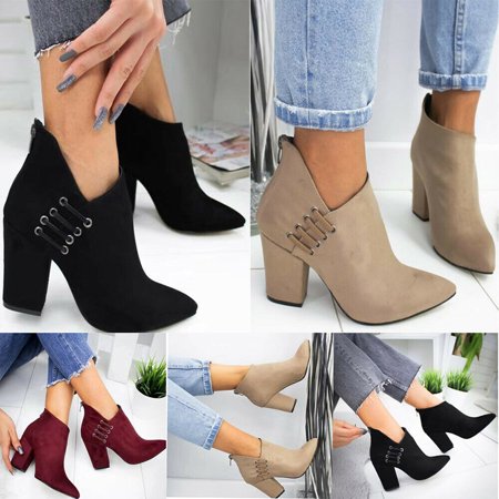 

Womens Mid Heel Ankle Boots Ladies Casual Zip Up Thick Heel Pointed Toe Booties 36 Khaki