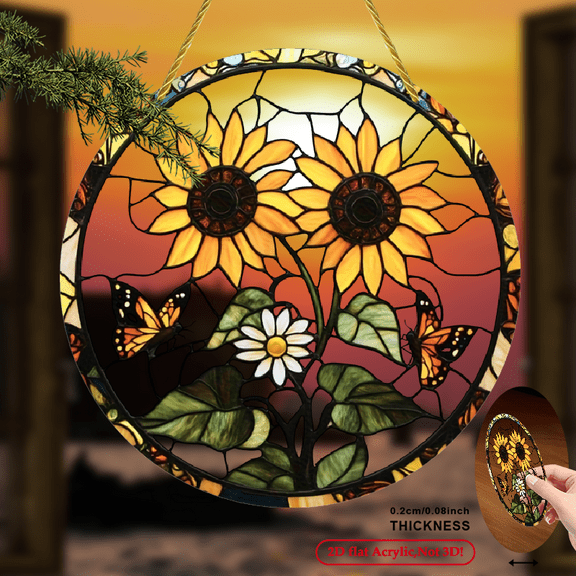 2D Flat, 1pc Sunflower & Daisy Sunshine Catcher - Vibrant Floral Acrylic Window Hanging Decor, 787x787inch Art Deco Wall Art for Home, Office, Shop - No Electricity Needed, Creates Joyful Atmosphere