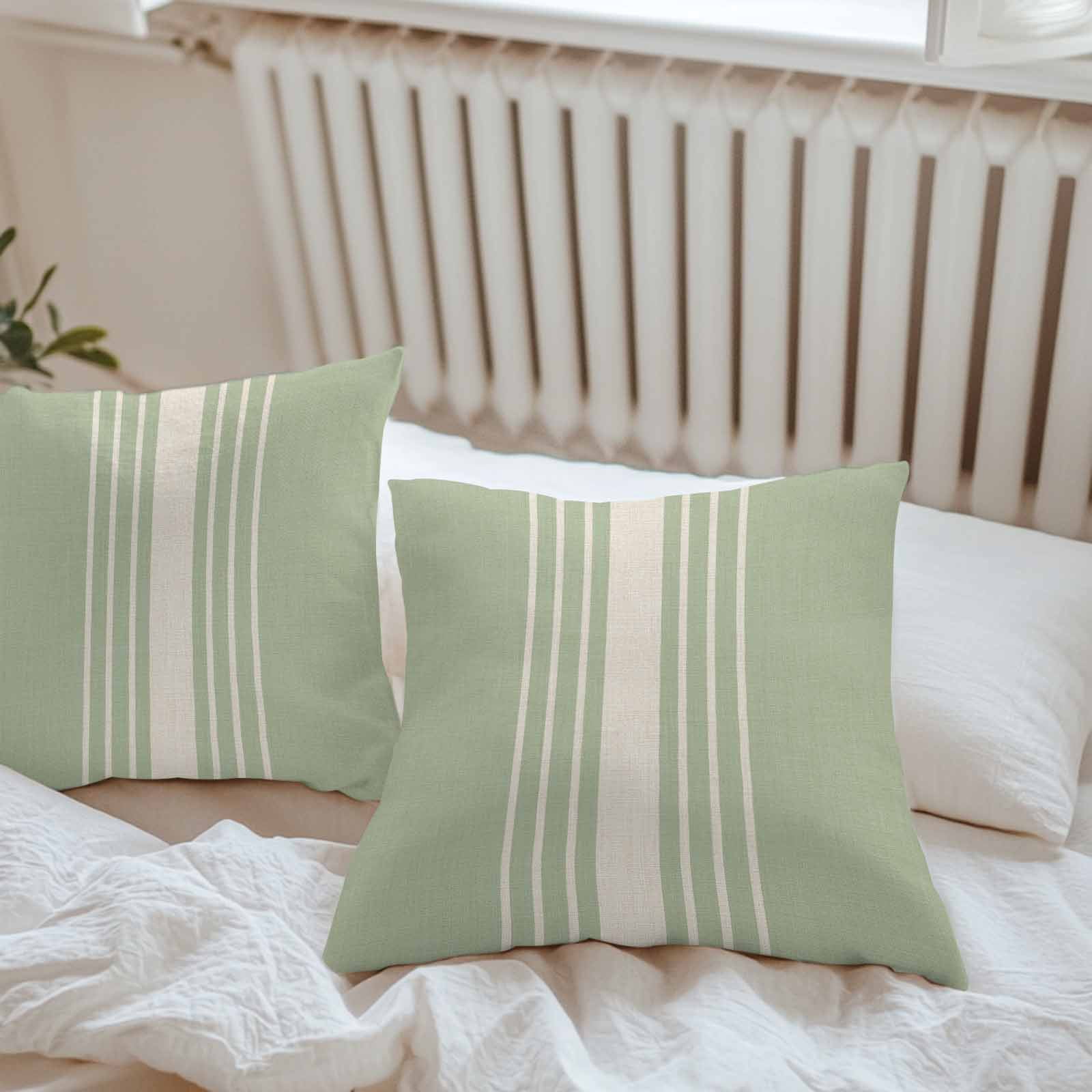 Outdoor Waterproof Throw Pillow Covers Set of 2 Sage Green Vertical Stripes Pillowcases Square Outdoor Pillows Cushion Case 16x16 Inch Classic Striped Linen Patio Pillows for Couch Sofa Bed