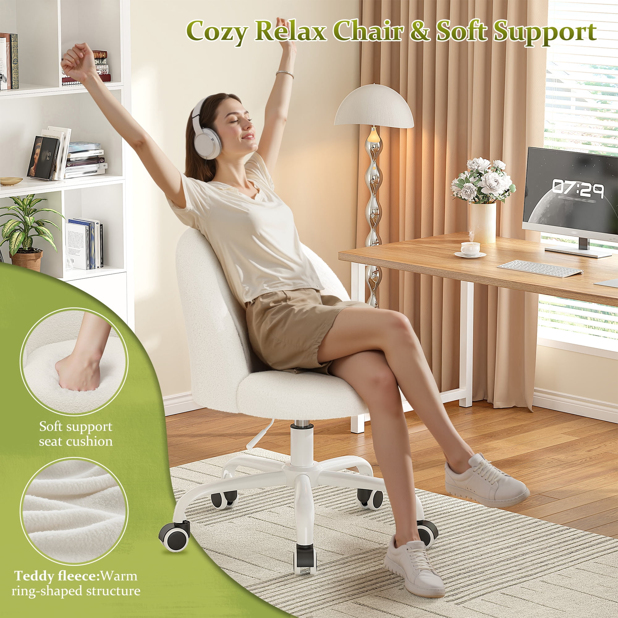 Romorgniz Vanity Chair Height Adjustable Desk Chair with Wheels, Armless Office Chair with Soft Lumbar Support for Small Space, Bedroom, Home office, White