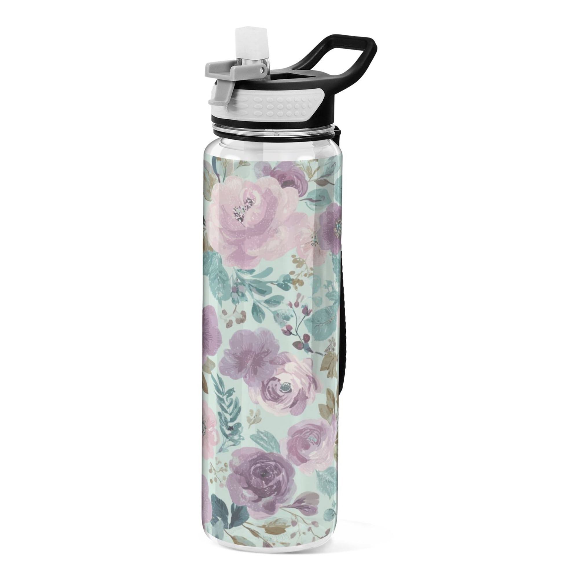 Wobogo Sports Water Bottle 34oz with Straw BPA-Free Tritan for Gym Travel & Outdoor Activities Mint Purple Rose Print