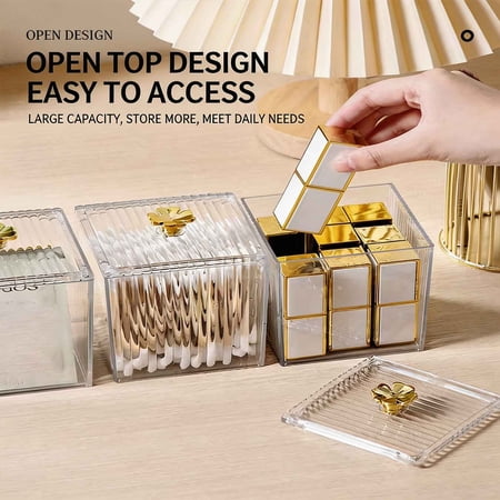 LWVITH Transparent Holder with Lid Acrylic Cotton Pad Organizer for Bathroom Vanity - Dustproof Storage Box for Swabs Makeup Pads Lipsticks Hair Ties Clear Countertop Container